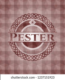 Pester red seamless emblem or badge with abstract geometric polygonal pattern background.