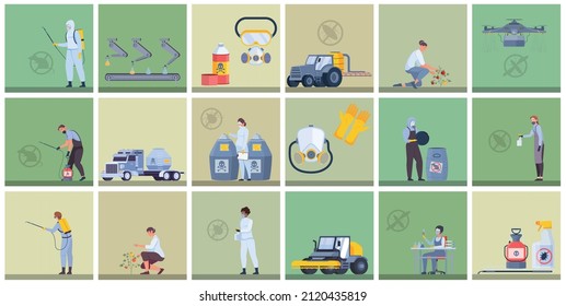 Pesticide farm set of flat square shaped compositions with people using chemicals detergents and heavy machinery vector illustration