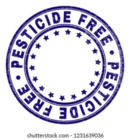 PESTICIDE FREE stamp seal imprint with grunge texture. Designed with circles and stars. Blue vector rubber print of PESTICIDE FREE caption with retro texture.