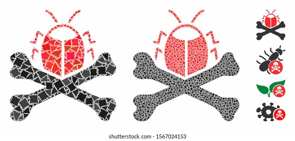 Pesticide mosaic of bumpy parts in variable sizes and shades, based on pesticide icon. Vector bumpy parts are united into mosaic. Pesticide icons collage with dotted pattern.