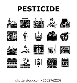 pesticidas poluição agricultura ícones definir vetor. ecossistema, herbicidas, inseticidas, escoamento, produtos químicos, ambiente, toxicidade, solo poluição por pesticidas agricultura glifo pictograma Ilustrações