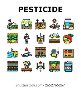poluição por pesticidas ícones da agricultura definir vetor. ecossistema, herbicidas, inseticidas, escoamento, produtos químicos, ambiente, toxicidade, solo, poluição por pesticidas agricultura