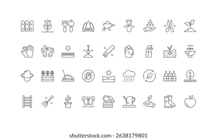 Pesticide spray and organic seedling, shovel and hose, pot thin black outline symbols vector illustration. Gardening, agriculture plant growth and garden care, farmers tools line icon set.