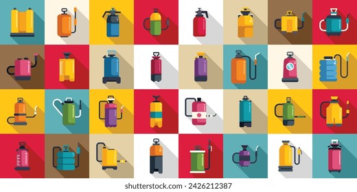 Pesticide sprayer icons set flat vector. Pressure garden lawn. Spray field