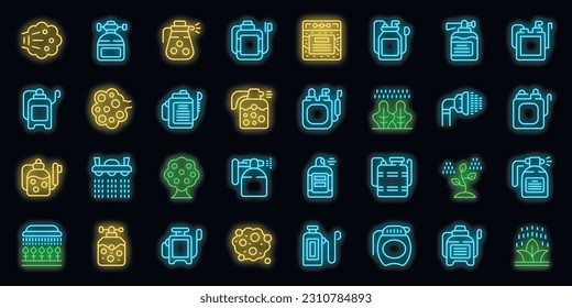 Pesticide sprayer icons set outline vector. Garden pressure. Farm lawn neon color on black