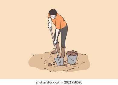 Pesticide spraying and growing farming concept. Young man farmer digging ground with shovel spraying pesticide chemicals on plants vector illustration 