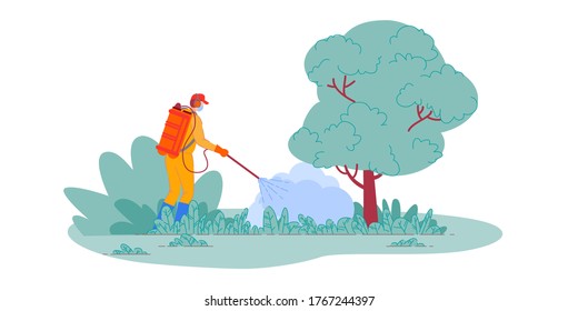 Pesticide spraying. Isolated farmer spraying pesticide chemicals on plants in garden. Pest control worker man with spray equipment. Vector toxic insecticide sprayer, agriculture svg
