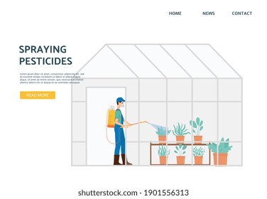 Pesticide spraying website banner, agriculture worker in greenhouse treating potted plants with chemical spray. Cartoon farmer in uniform, flat vector illustration.