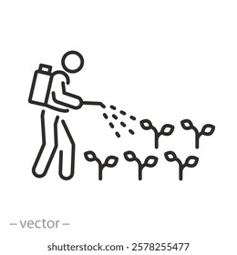 pesticide sprays icon, pest control, human spraying insecticide, thin line symbol on white background - editable stroke vector illustration