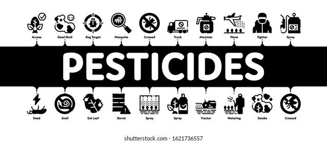 Pesticides Chemical Minimal Infographic Web Banner Vector. Pesticides For Agricultural Field Processing By Plane, Bottle Spray And Equipment Concept Illustrations