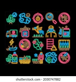 Pesticides Chemical neon light sign vector. Glowing bright icon  Pesticides For Agricultural Field Processing By Plane, Bottle Spray And Equipment Illustrations