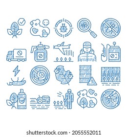 Pesticides Chemical sketch icon vector. Hand drawn blue doodle line art Pesticides For Agricultural Field Processing By Plane, Bottle Spray And Equipment Illustrations