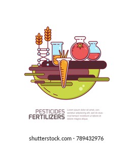 Pesticides and fertilizers concept. Vector illustration of vegetables and grains grown with pesticides and chemicals. Farming and agriculture gmo modified technologies. svg