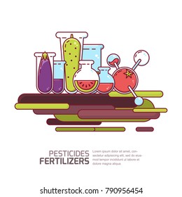 Pesticides and fertilizers concept. Vector illustration of vegetables and fruits grown with pesticides and chemicals. Farming and agriculture gmo modified technologies. svg