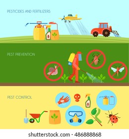 Pesticides and fertilizers horizontal banners set with pest control symbols flat isolated vector illustration 