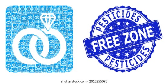 Pesticides Free Zone scratched round stamp seal and vector recursion composition jewelry wedding rings. Blue stamp seal has Pesticides Free Zone text inside round shape.