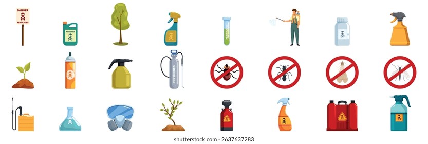 Pesticides icons set. Professional pest control service is eliminating insects using insecticide products, spray bottles, and specialized equipment