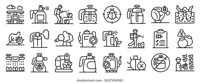 Pesticides icons set. Set of icons representing insecticide and pesticide spraying, crop dusting, pest control, and plant protection