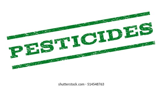 Pesticides watermark stamp. Text tag between parallel lines with grunge design style. Rubber seal stamp with unclean texture. Vector green color ink imprint on a white background.