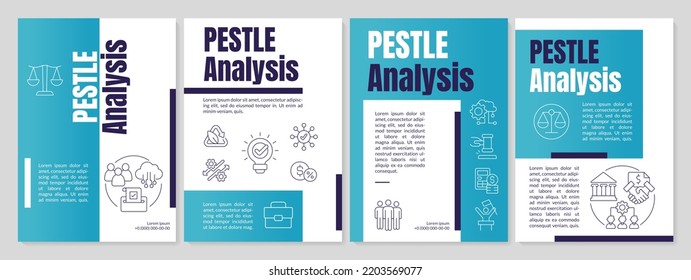 PESTLE analysis blue brochure template. Management tool. Leaflet design with linear icons. Editable 4 vector layouts for presentation, annual reports. Anton, Lato-Regular fonts used