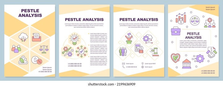 PESTLE analysis yellow brochure template. Management tool. Leaflet design with linear icons. Editable 4 vector layouts for presentation, annual reports. Arial-Black, Myriad Pro-Regular fonts used