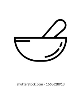 Pestle dentro del icono de mortero. Logo de la farmacia lineal. Ilustración simple negra para pruebas médicas, de laboratorio y químicas. Contacte la imagen vectorial aislada en fondo blanco. Símbolo de medicina alternativa