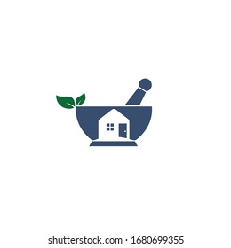 Pestle and mortar and home icon logo. Medicine home delivery service logo concept.