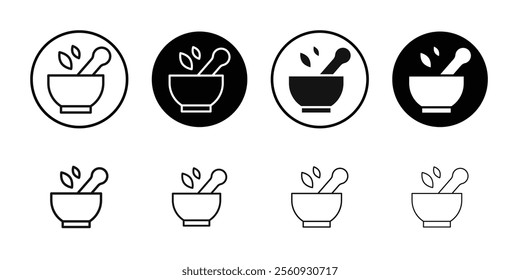 Pestle and mortar icon Flat outline fill set collection