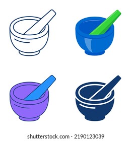 Pestle and mortar icon set in flat and line style. Chemical laboratory equipment symbol. Vector illustration.