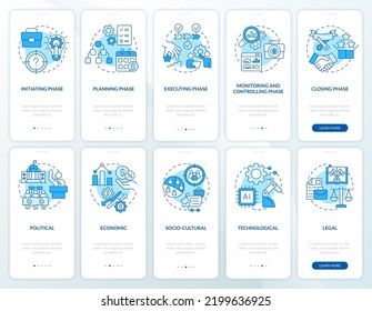 PESTLE in project management blue onboarding mobile app screen set. Walkthrough 5 steps editable graphic instructions with linear concepts. UI, UX, GUI template. Myriad Pro-Bold, Regular fonts used