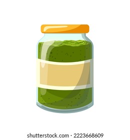 pesto bottle cartoon. basil food, herb glass, green oil, jar cooking, sauce cuisine, homemade healthy, fresh pesto bottle vector illustration