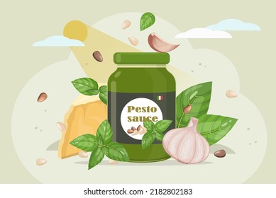 Pesto cooking concept. Italian cuisine sauce with ingredients: garlic, pine nuts, parmesan cheese, green basil, vector illustration isolated on white background
