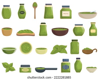 Los iconos de Pesto establecen el vector de dibujos animados. Comida de salsa. Frasco de cocina