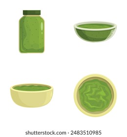 Pesto icons set cartoon vector. Pesto sauce in jar and bowl. Spicy condiment