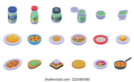 Pesto icons set isometric vector. Food sauce. Jar bowl