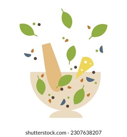 Pesto. Illustration mit Basilikum Blätter, Haselnuss, Parmesan Käse, Knoblauch, Olivenöl, Gericht. Illustrierter Prozess der Zubereitung von mediterranen Lebensmitteln. Sauce Rezept, Vorspeisen. Cartoon-Vektorgrafik