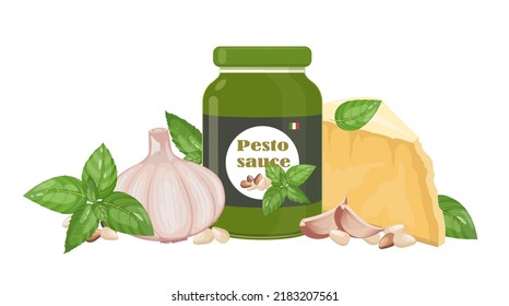 Pesto, Italian cuisine sauce with ingredients: garlic, pine nuts, parmesan cheese, green basil, vector illustration isolated on white background