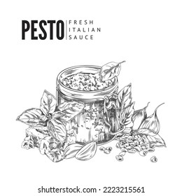 Pesto Italian sauce card or recipe book page design, hand drawn vintage engraving or sketch style vector illustration on white background. Pesto dressing badge template.