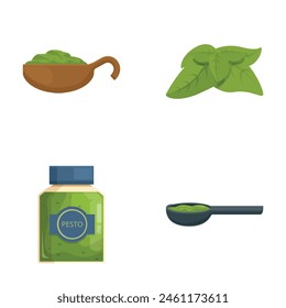 Pesto jar icons set cartoon vector. Pesto sauce in jar and spoon. Spicy condiment