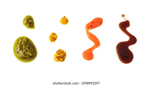 Pesto, mustard with grain, sweet chili, soy, balsamic or teriyaki sauce smears realistic 3d vector illustration isolated on white background. Close-up seasoning and dip splash