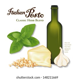 Pesto, popular Italian herb sauce for pasta, vegetables, pizza!. Garlic, Sweet Basil, pine nuts, Parmesan cheese, olive oil bottle. See other herb and spice blends in this series. EPS8 compatible.