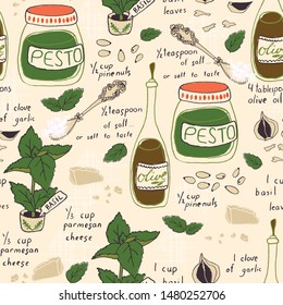 Pesto Recipe Seamless Pattern. Hand drown vector illustration.