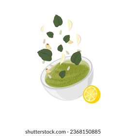 Pesto Sauce With Basil Leaves in a Bowl Illustration logo 