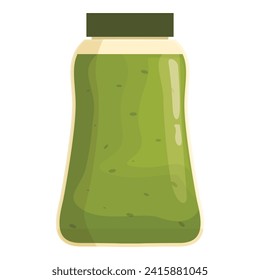 Pesto sauce bottle plastic icon cartoon vector. Italian mixed food. Green basil