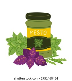 Pesto sauce glass jar with wild basil sprig and other herbs. Classic italian green dressing, dip. Simple hand-drawn vector illustration, isolated on white background.