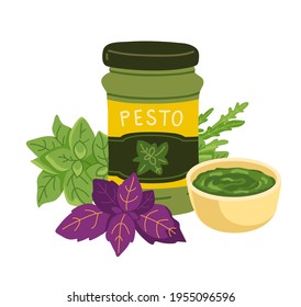 Pesto sauce glass jar with wild basil sprig and other herbs. Classic italian green dressing in the bowl. Simple hand-drawn vector illustration, isolated on white background.