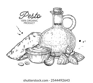 Pesto sauce ingredients vector drawing. Traditional italian pasta and salad dressing. Food sketch hand drawn illustration. Engraved isolated objects. Packaging design concept, banner, template, label