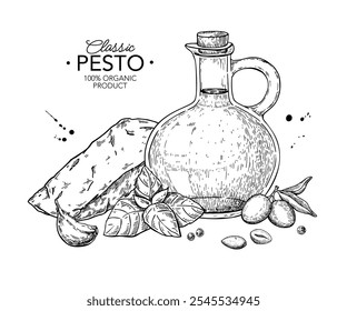 Pesto sauce ingredients vector drawing. Traditional italian pasta and salad dressing. Food sketch hand drawn illustration. Engraved isolated objects. Packaging design concept, banner, template, label