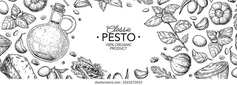 Pesto sauce ingredients vector drawing. Traditional italian food sketch label. Basil, garlic, pine nuts, parmesan cheese, olive oil, arugula hand drawn illustration set. Engraved isolated objects. 