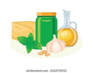 Pesto sauce jar, basil, olive oil, parmesan, garlic, pine nuts vector illustration. Jar of pesto sauce icon set vector isolated on a white background. Pesto sauce with fresh ingredients drawing